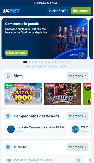 Inicio móvil 1xBet con navegación intuitiva