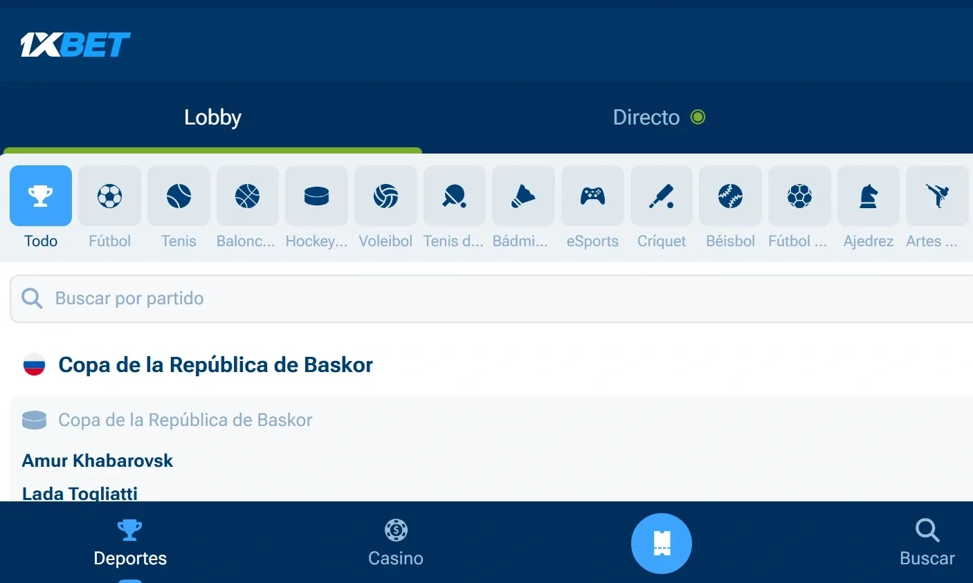 Línea deportiva 1xBet en la app móvil